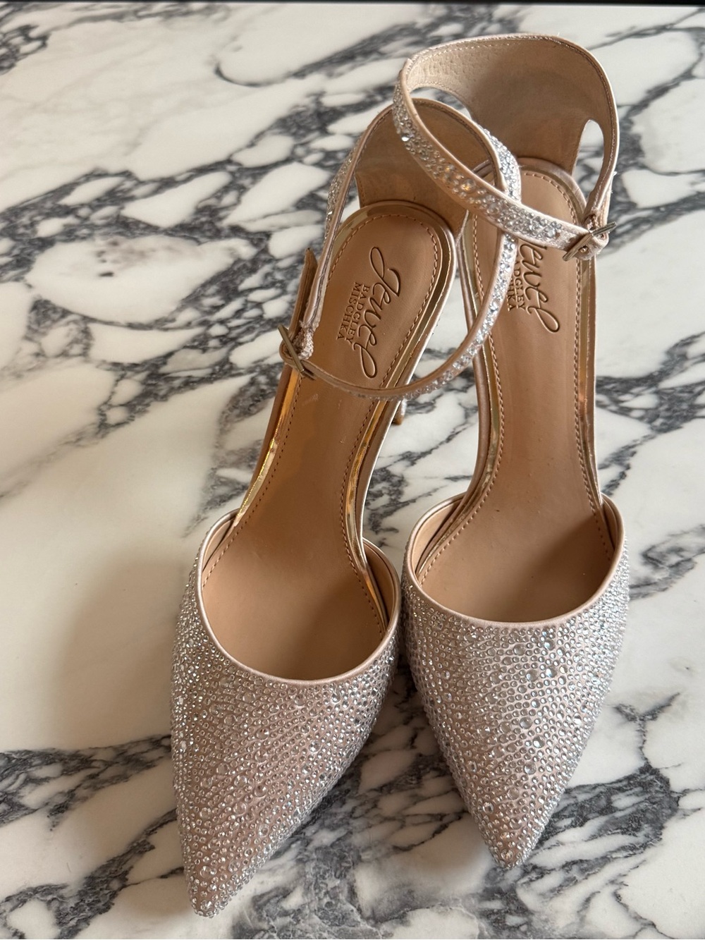 Jewel Badgley Mischka Jailene Champagne Satin Rhinestone Pump Size 9 NEW - Picture 10 of 13